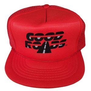80s Vintage GOOD ROADS Hat Snapback Trucker Cap USA Red Mesh Foam‎ Street Race